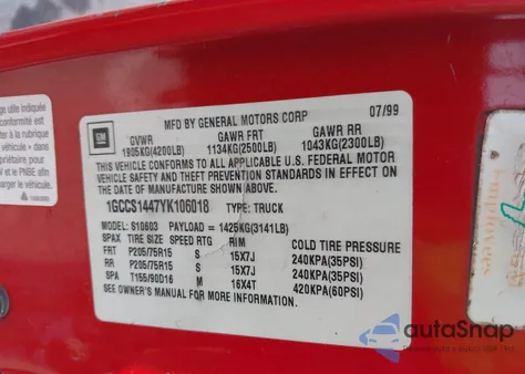 2000 Chevrolet S Truck S10 z USA, uszkodzony, nr VIN 1GCCS1953Y8239826